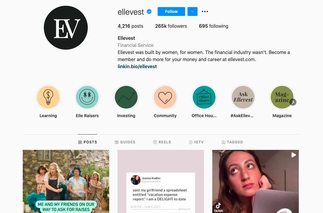Ellevest instagram page (small business inspiration)