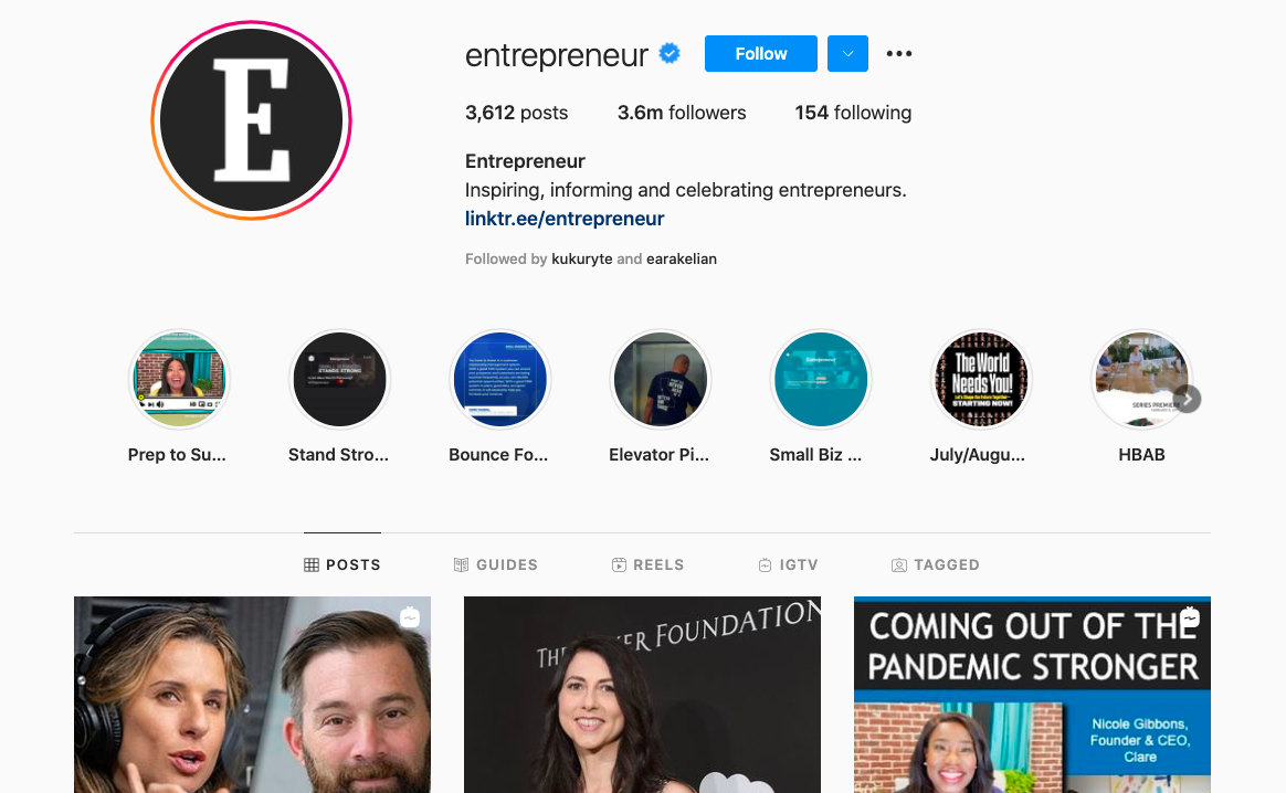 Entrepreneur magazine Instagram account