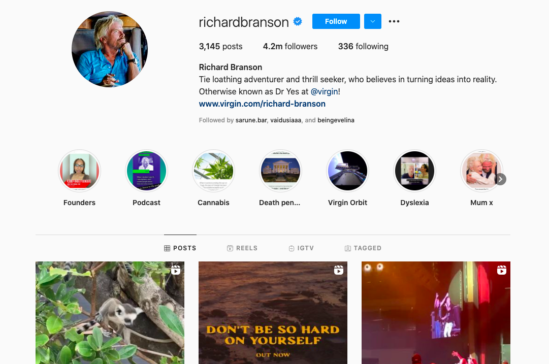 Richard Branson's Instagram account for business inspiration