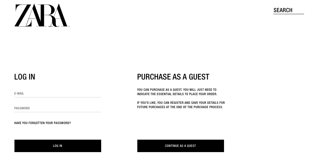 Zara guest checkout example