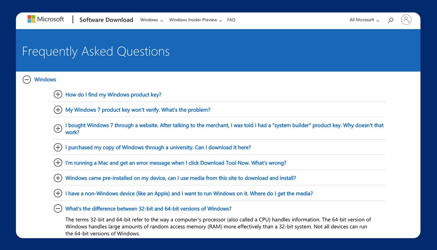 Microsoft’s FAQ page template
